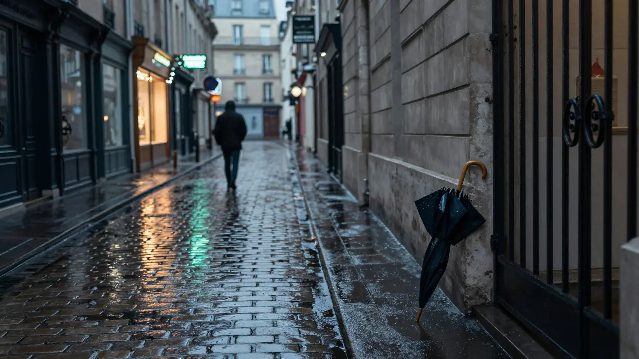 An abandoned umbrella rests against a gate in Le Marais, rain reflecting soft neon lights at night.
