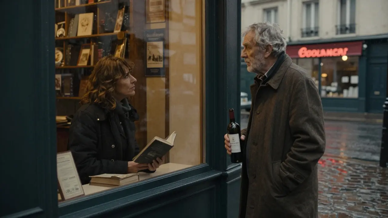 An elderly man outside a bookstore in the rain, holding wine as a woman watches from within.