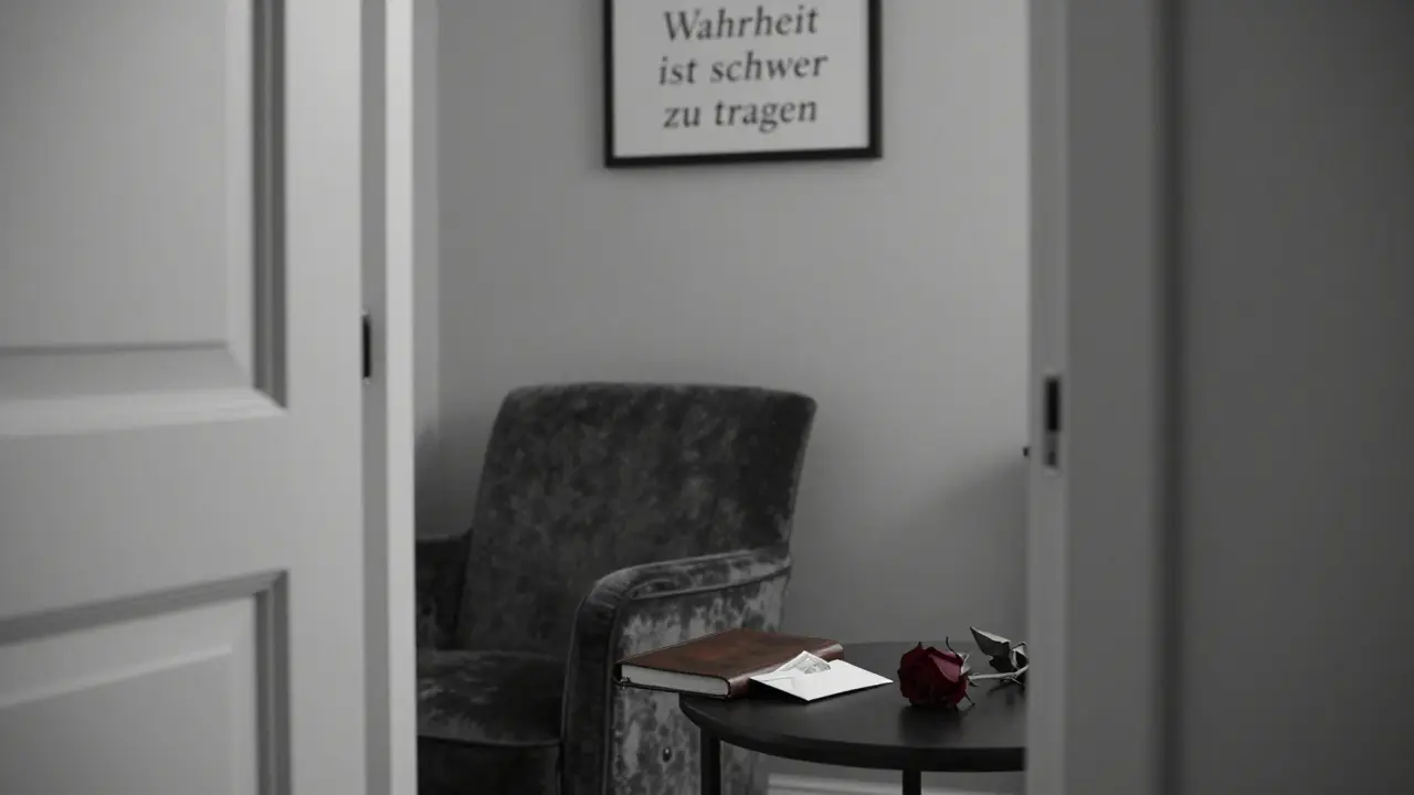 An empty yet intimate apartment room with an envelope of cash and an open journal on a table.