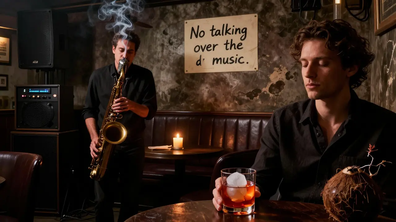An intimate underground jazz den with no phones allowed, where a saxophonist plays under soft candlelight.