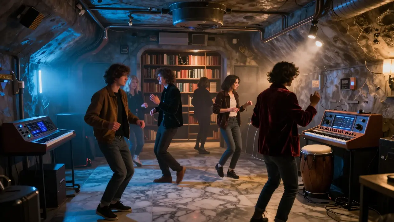 An underground bunker nightclub with moody lighting, guests dancing on marble floor made from race tracks.