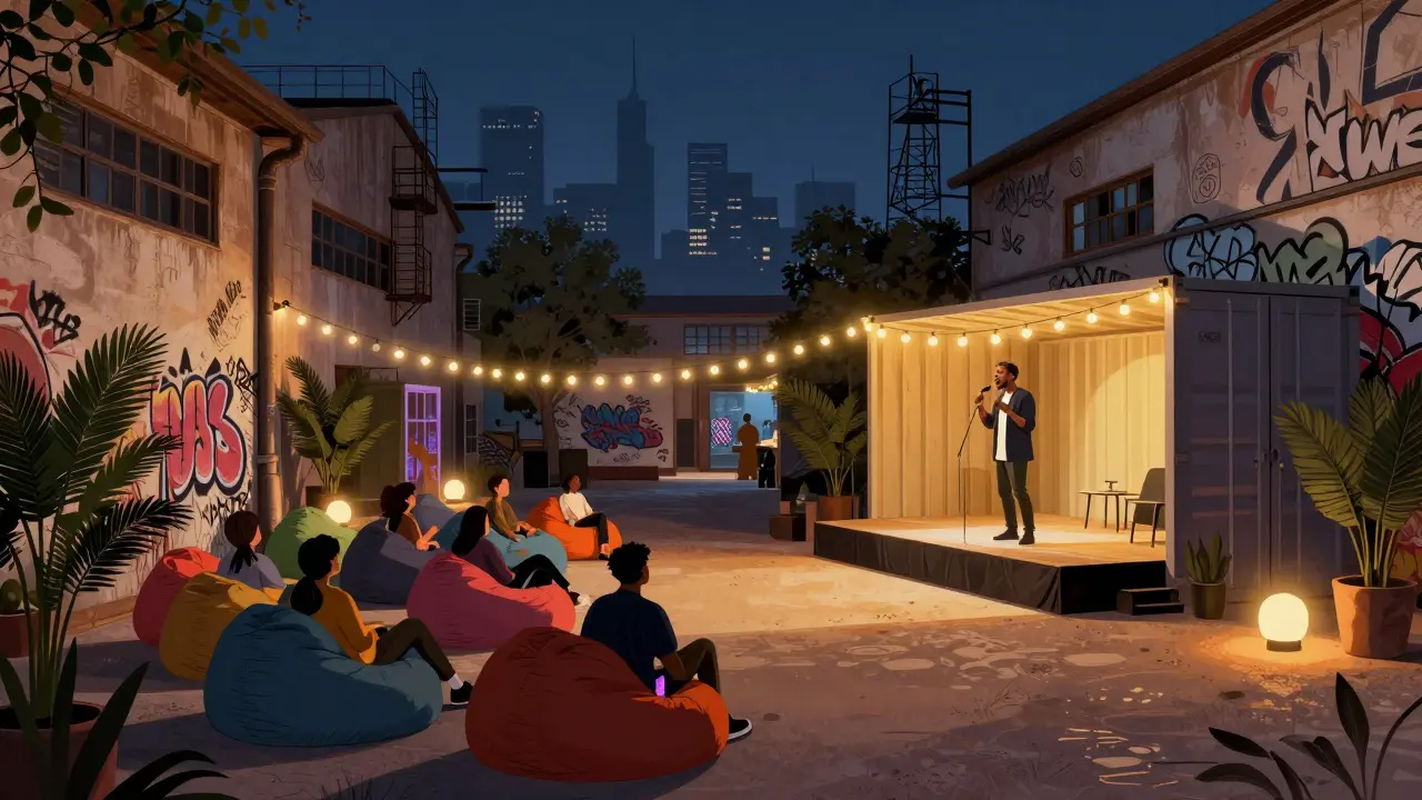 Artists and audience in Alserkal Avenue's industrial pop-up theatre under string lights and warm lamps.