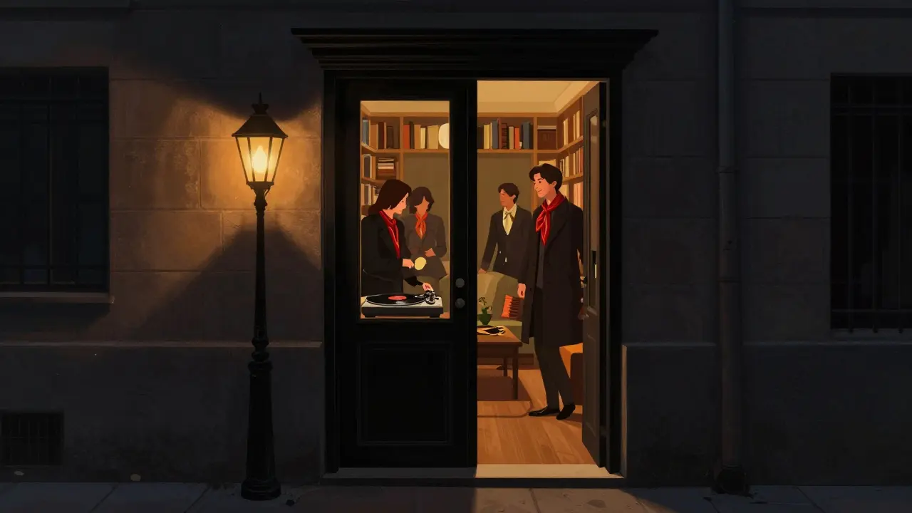 Black door in a quiet Paris alley at night, warm interior glow revealing intimate crowd, no logos or phones.