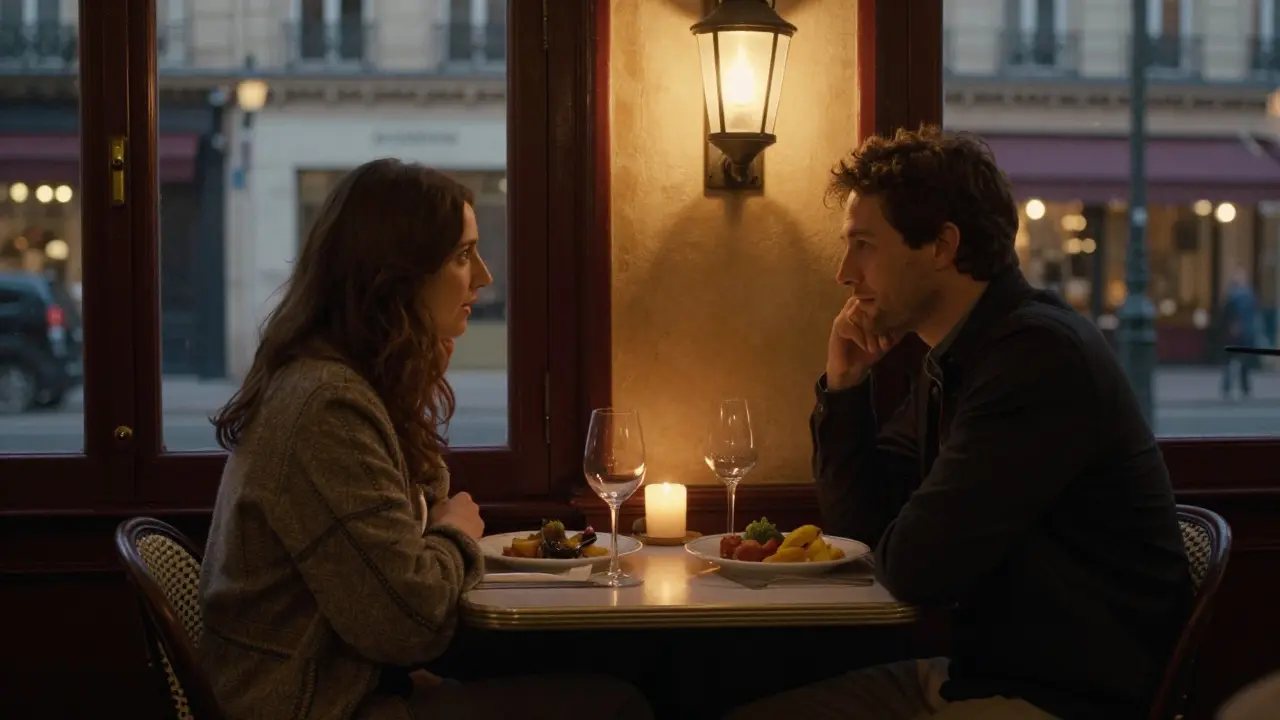 Candlelit dinner at a quiet Parisian bistro with wine glasses and rustic food on a small table.
