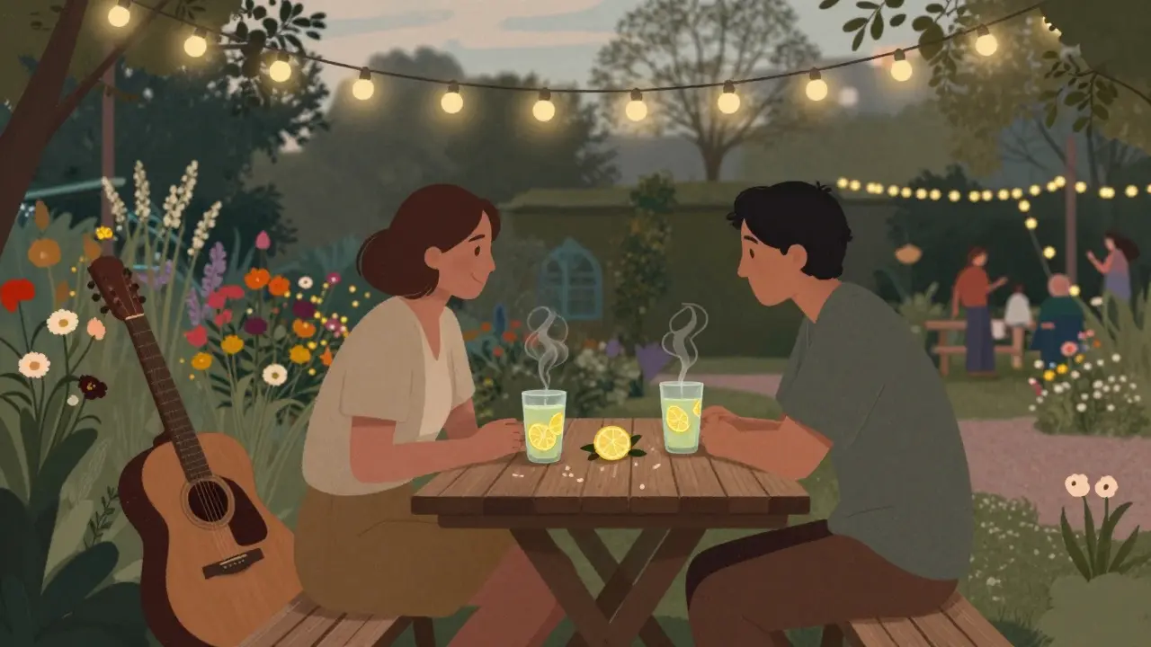 Couple seated in Prinzessinnengarten garden under fairy lights with lemonade and guitar.