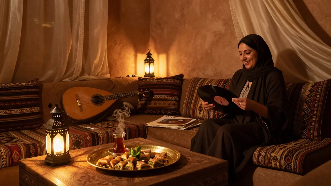 Cozy Moroccan lounge at night with lanterns, tea, and people enjoying quiet conversation and vinyl music.