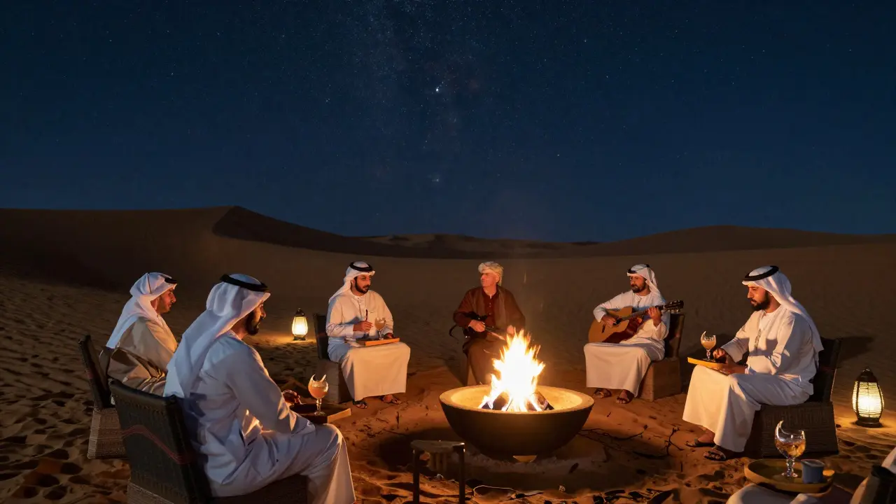 Desert lounge under a starry sky with fire pits and guests sipping cocktails in tranquil solitude.