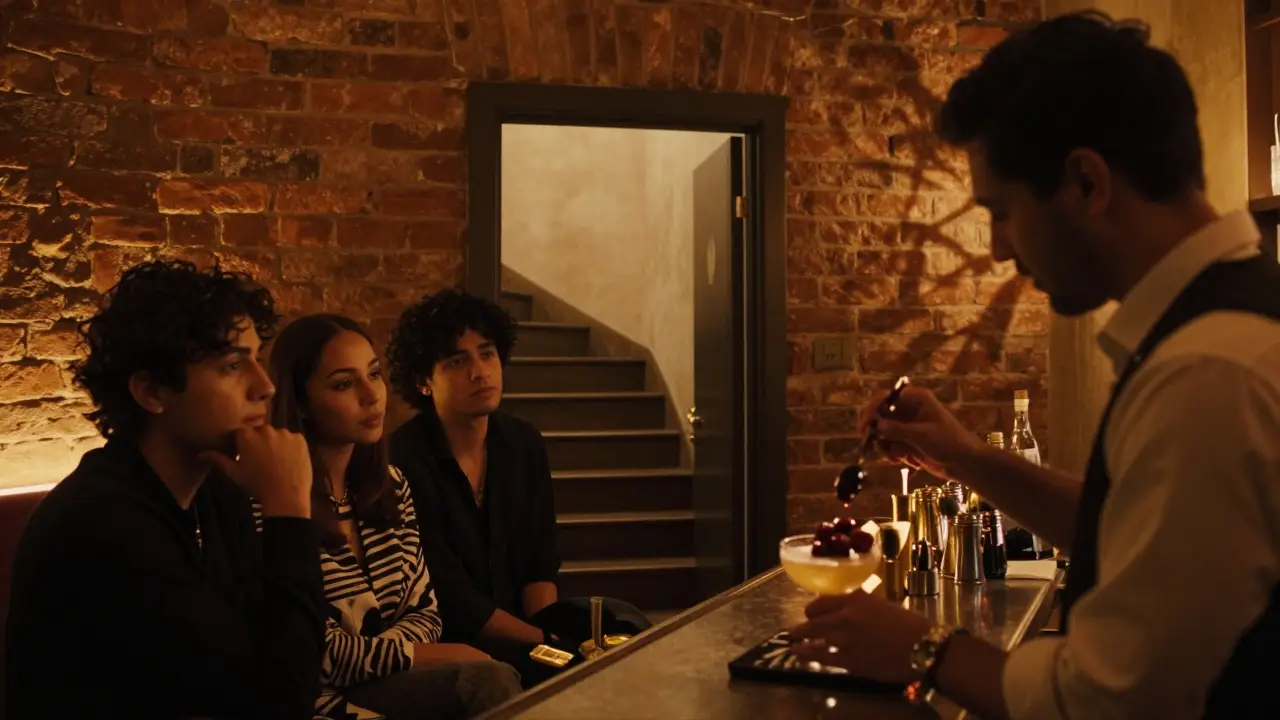 Dimly lit speakeasy lounge with bartender mixing a spiced cocktail, intimate group talking.