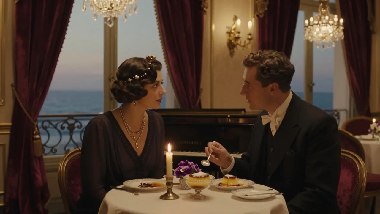 Elegant 1920s salon with couple enjoying dessert under a crystal chandelier.
