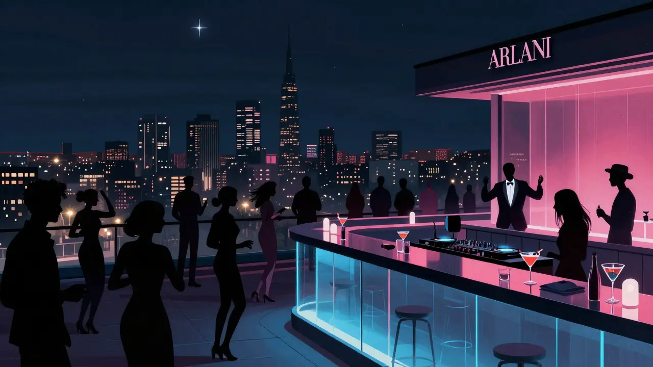 Elegant crowd dancing on a Milan rooftop under the stars with city skyline behind them.