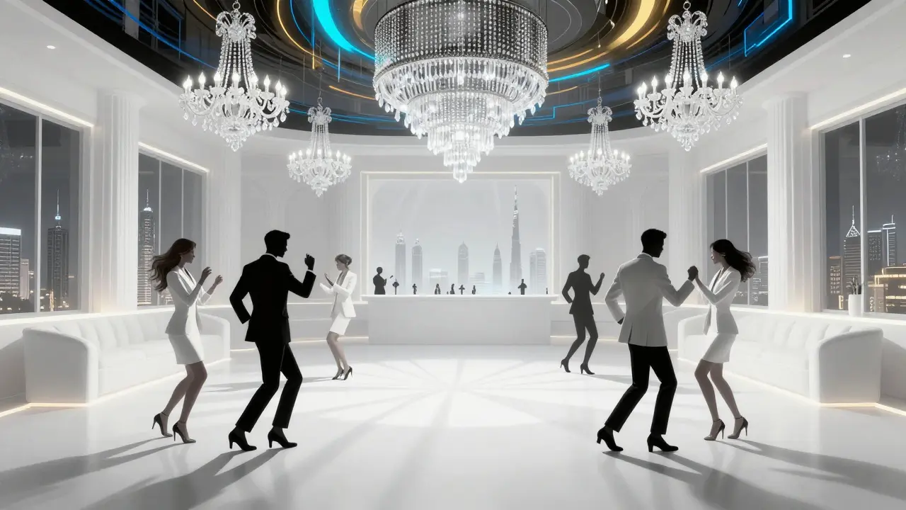 Elegant nightclub with white interior, crystal chandeliers, and elite crowd dancing under color-shifting ceiling lights.