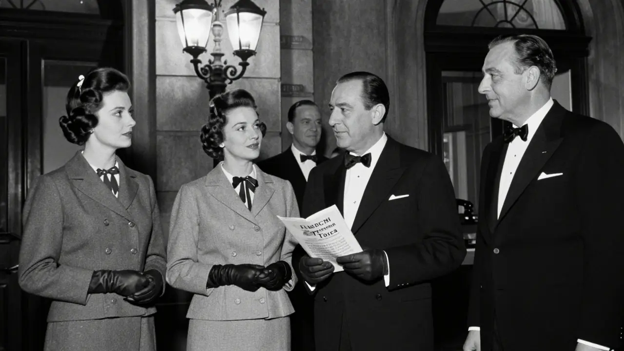 Elegant women and male clients exit La Scala opera house in 1960s Milan, dressed in sophisticated attire under vintage streetlamps.