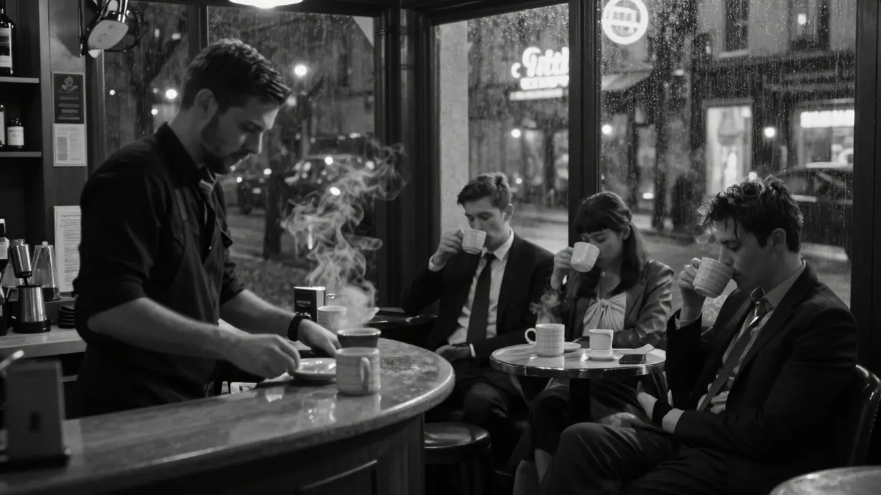 Exhausted club staff sit in silent camaraderie at a 24-hour diner, sipping coffee after the night ends.