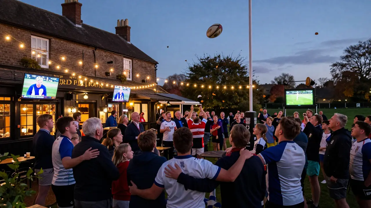 Fans gathered inside and outside The Red Lion pub during a rugby match, enjoying the game under string lights in a garden setting.