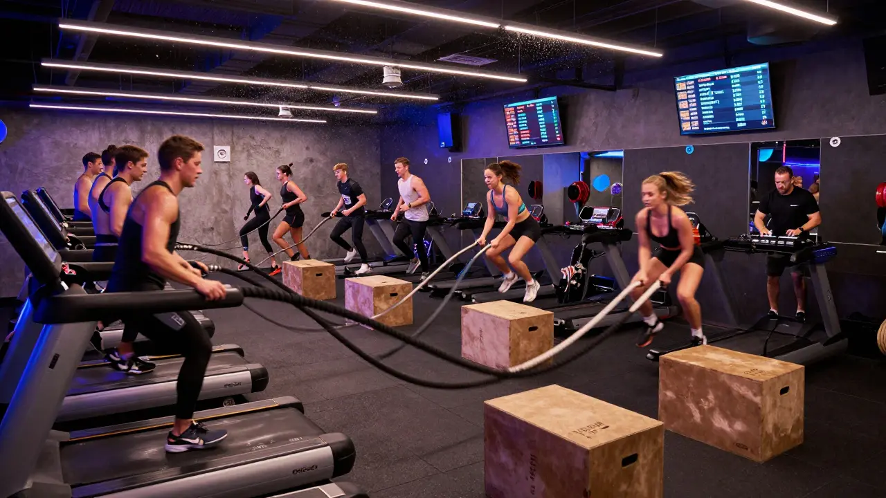 Group doing HIIT exercises in a gym with strobing lights and digital leaderboard showing stats.