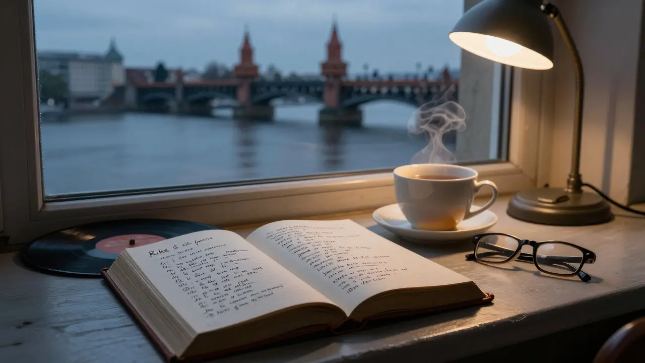 Handwritten note and tea beside a book of Rilke poetry overlooking the Spree River at dusk.