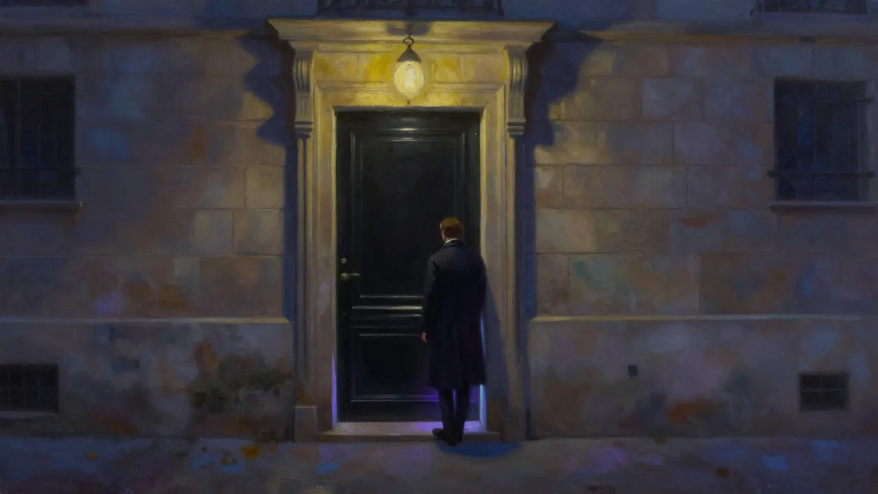 Hidden entrance to Le Palace nightclub at midnight, no sign, lone elegantly dressed figure approaching.