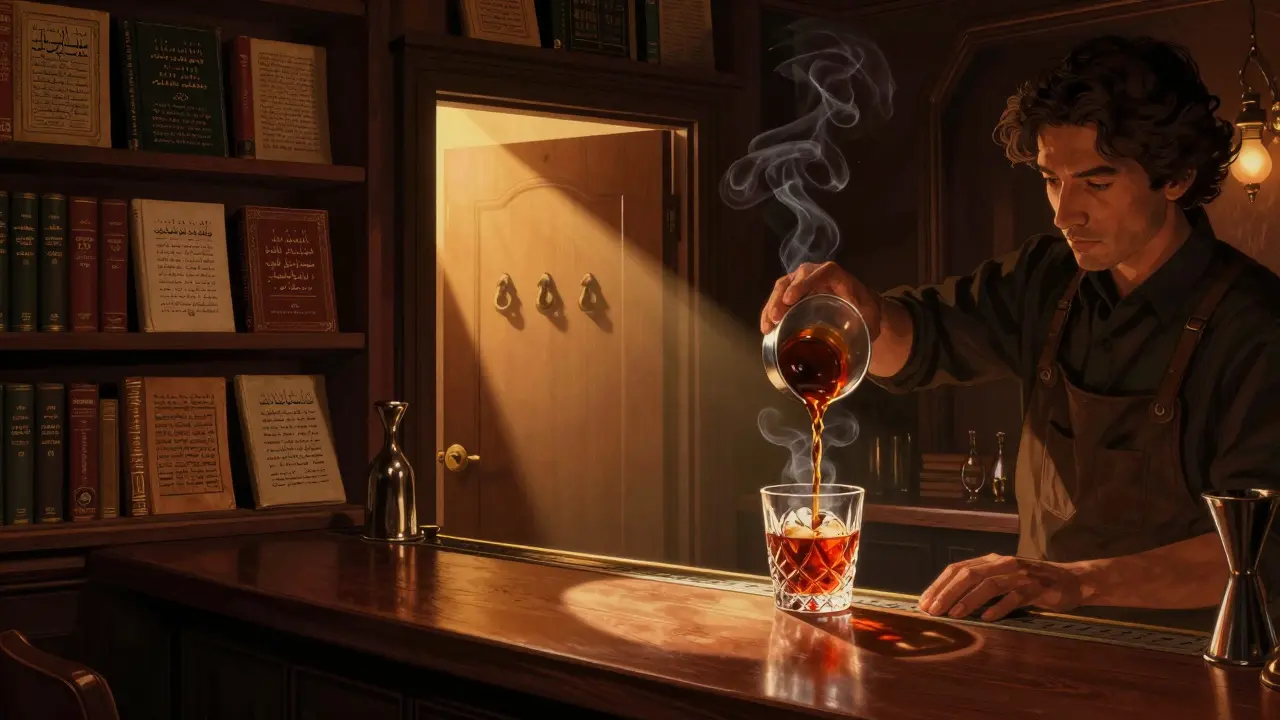 Hidden speakeasy with vintage books and a mixologist pouring a spiced cocktail in soft amber light.