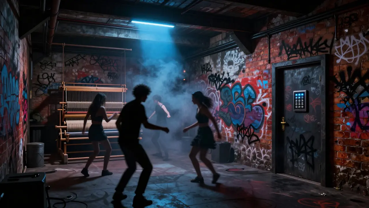 Hidden underground club in Karaköy with graffiti walls, neon light, and dancers lost in minimalist techno beats.