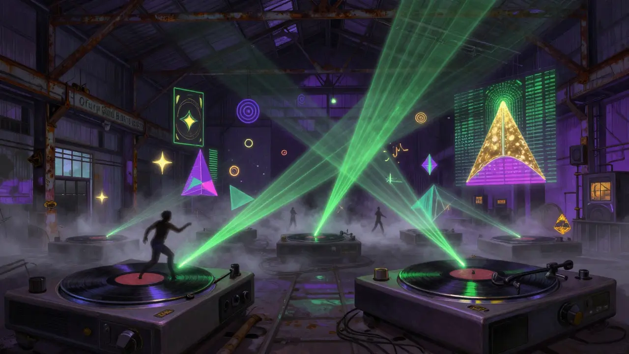 Immersive electronic music event at OGR, with lasers, fog, and abstract projections in a former railway workshop.