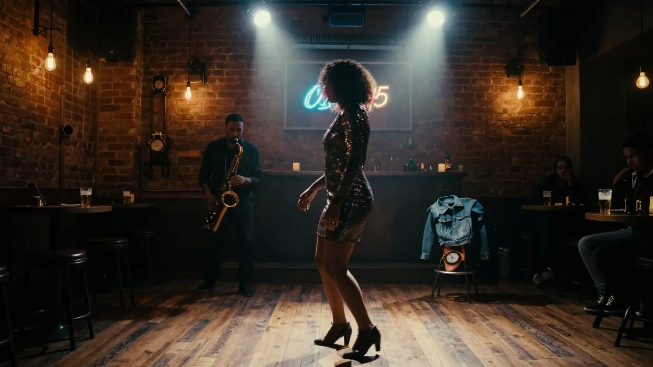 Industrial-chic nightclub with Edison bulbs, glittering figure, and saxophonist under neon glow.