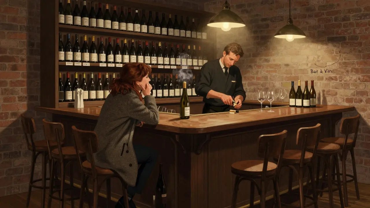 Intimate wine bar counter with sommelier uncorking a bottle, wooden shelves, and no phones or menus in sight.