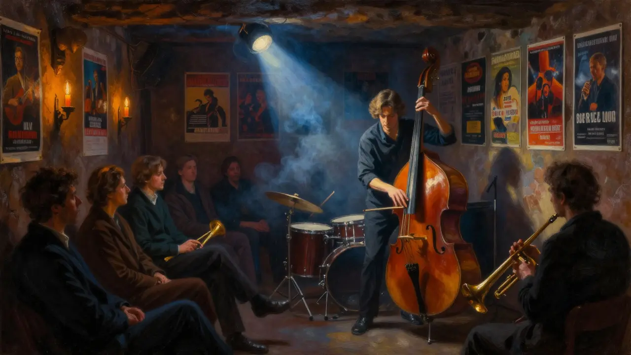 Jazz musicians performing in a dim, smoky cellar as listeners sit in silent awe.