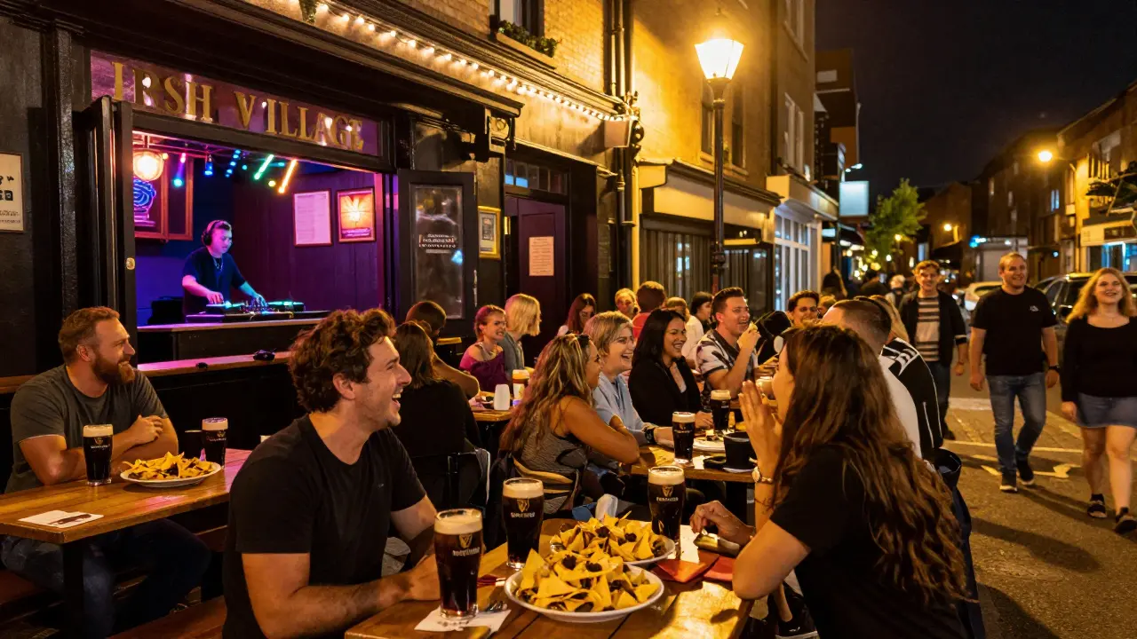 Lively Irish pub crowded with people laughing, neon lights and Guinness glasses visible.