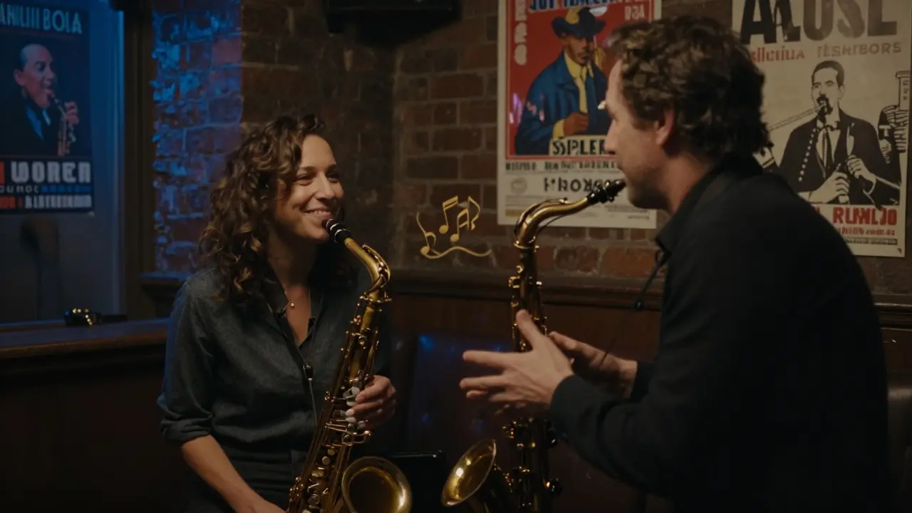 Man and woman listening to jazz in a cozy Montmartre club, warm ambient lighting.