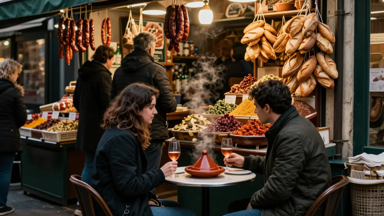 Man and woman sharing food at Marché des Enfants Rouges, market stalls in background.