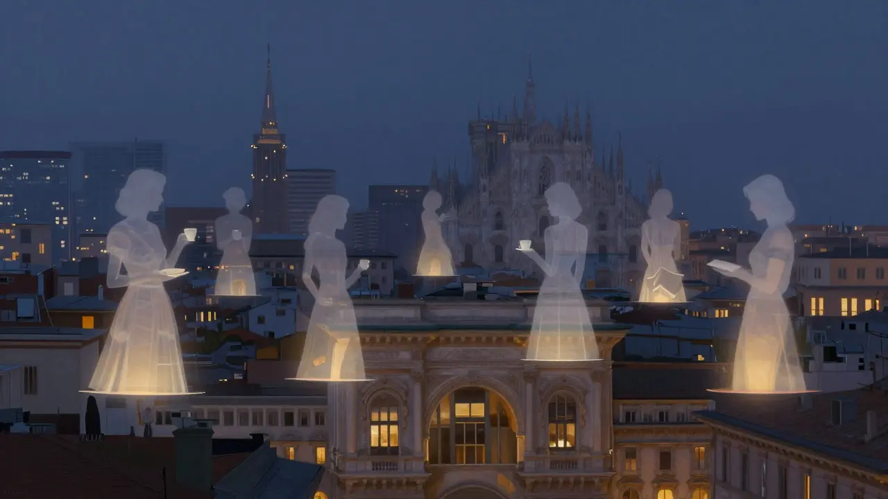Milan skyline at twilight with translucent figures visible in building windows, suggesting quiet companionship.