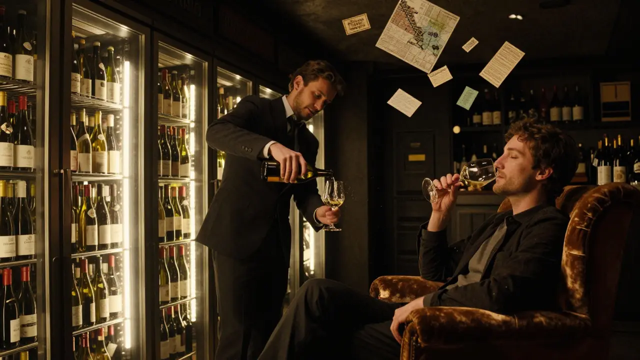Mystical cellar wine bar with glowing bottles and a sommelier pouring rare wine under soft, dreamy light.