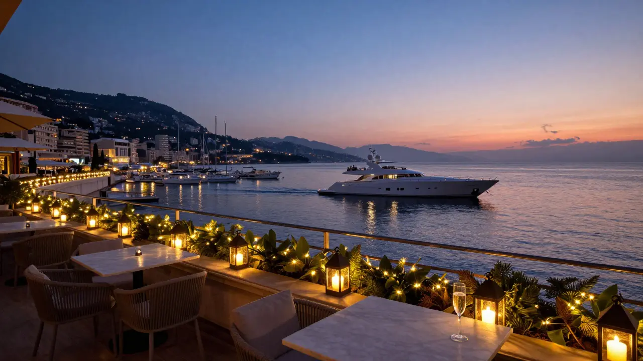 Nighttime view of Monaco's marina with twinkling yacht lights and a superyacht gliding past a lit terrace.