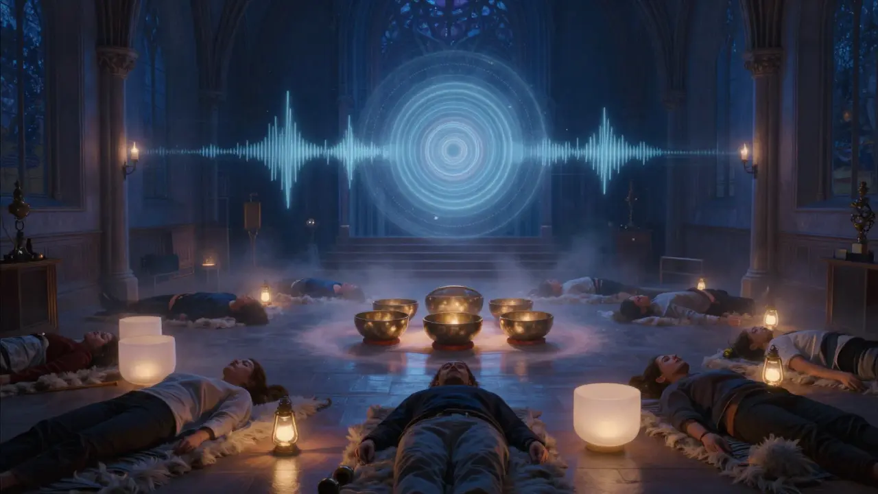 People lying on blankets in a church as glowing sound waves ripple through the air.
