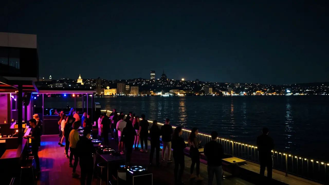 Reina club at night on the Bosphorus, crowd dancing under stars with city lights twinkling across the water.