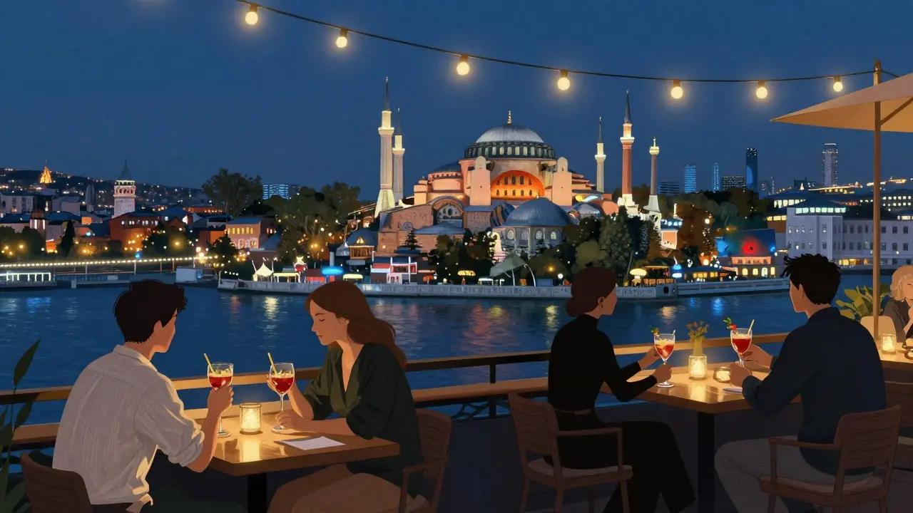Rooftop bar in Istanbul offering a panoramic view of the Bosphorus at night with patrons drinking cocktails.