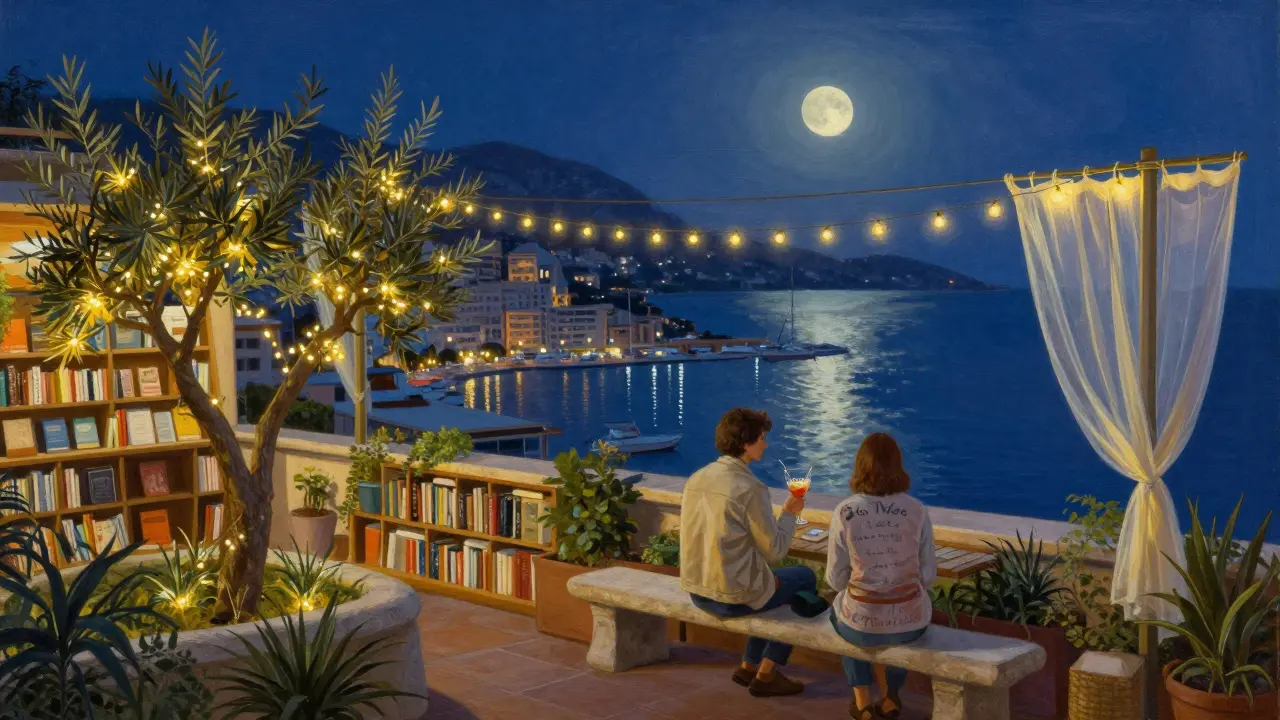 Rooftop garden with fairy lights and couple overlooking Monaco's harbor at night.