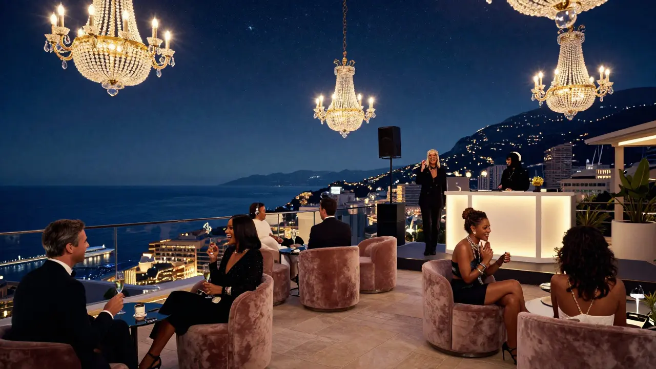 Rooftop party at Yacht Club with Mediterranean views and elegant guests sipping champagne.