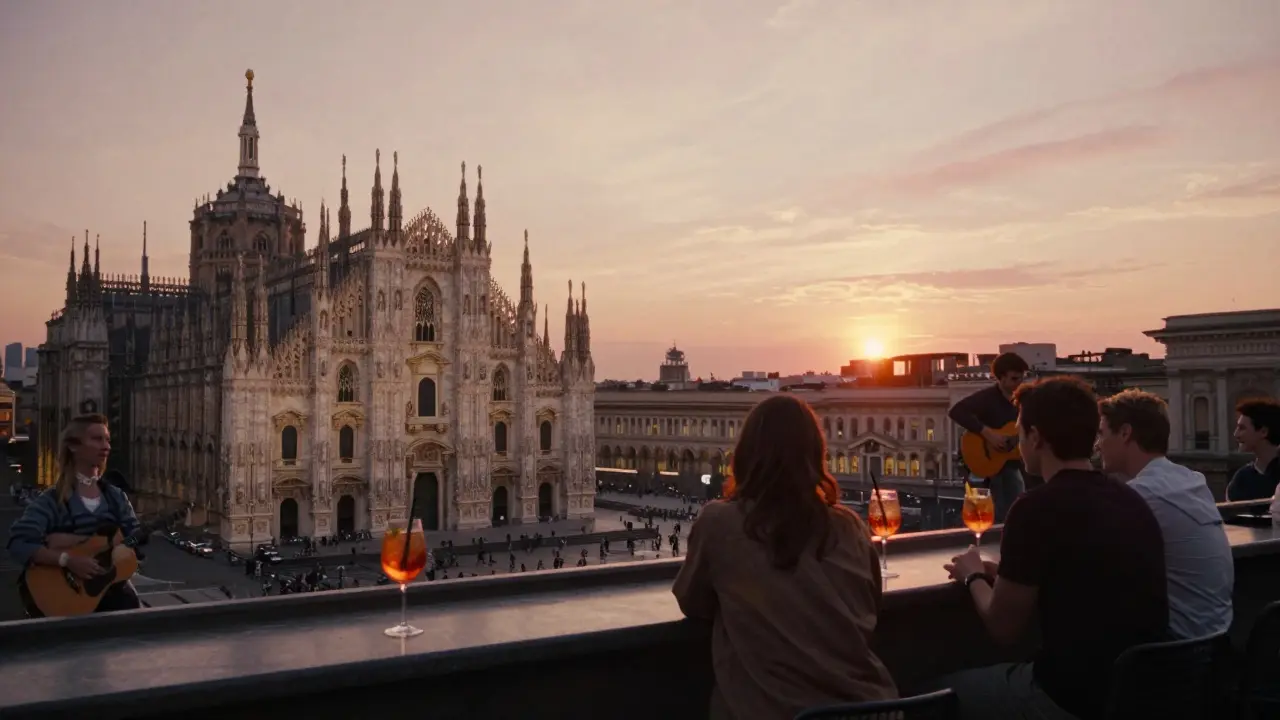 Rooftop sunset view at Terrazza Aperol with Milan's skyline, people sipping drinks, and live acoustic music.