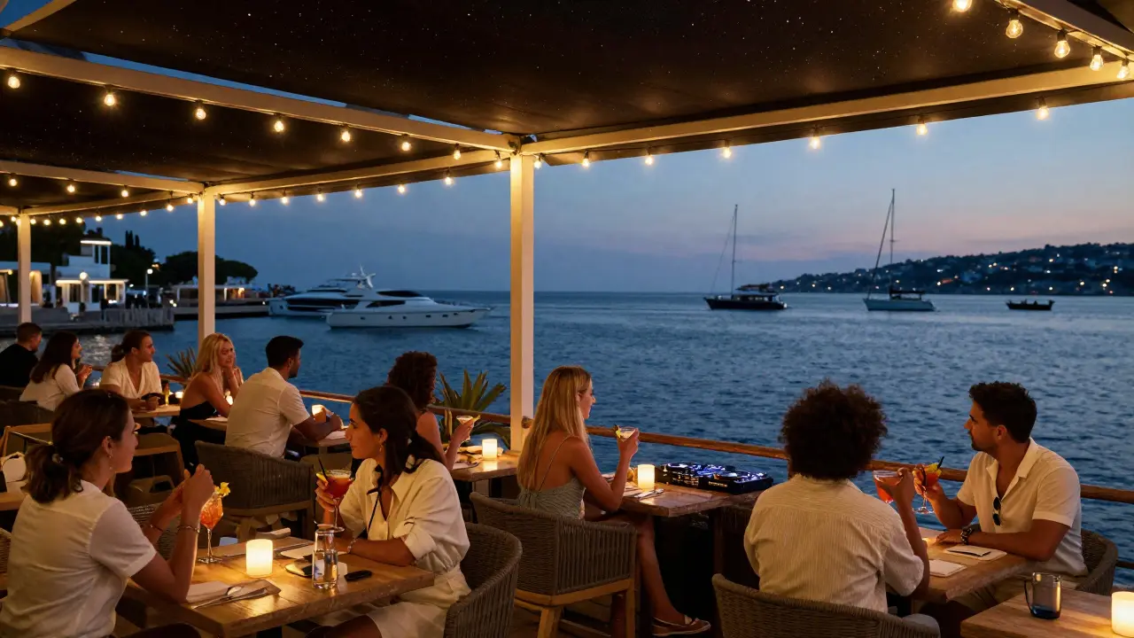 Serene waterfront lounge at Blue Bay with string lights, yachts, and guests enjoying cocktails at dusk.
