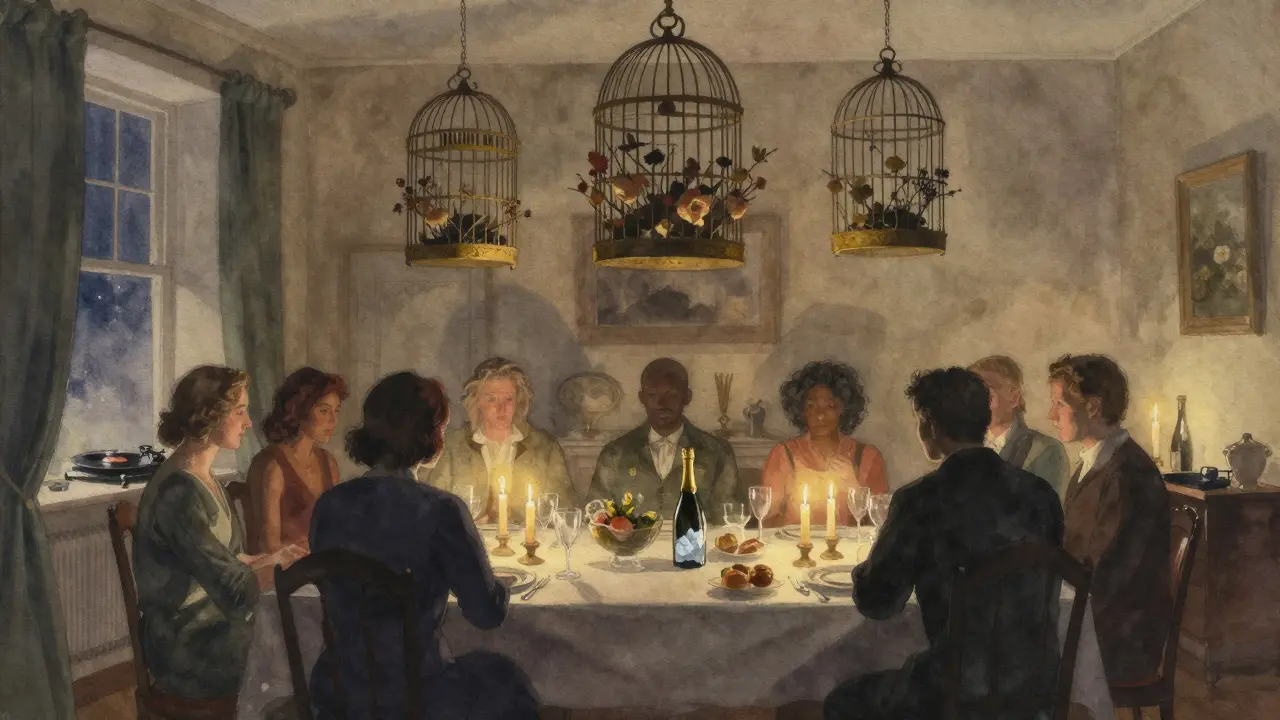 Silent dinner in a historic townhouse, eight guests in shadow, candles and birdcages, vinyl spinning in back room.