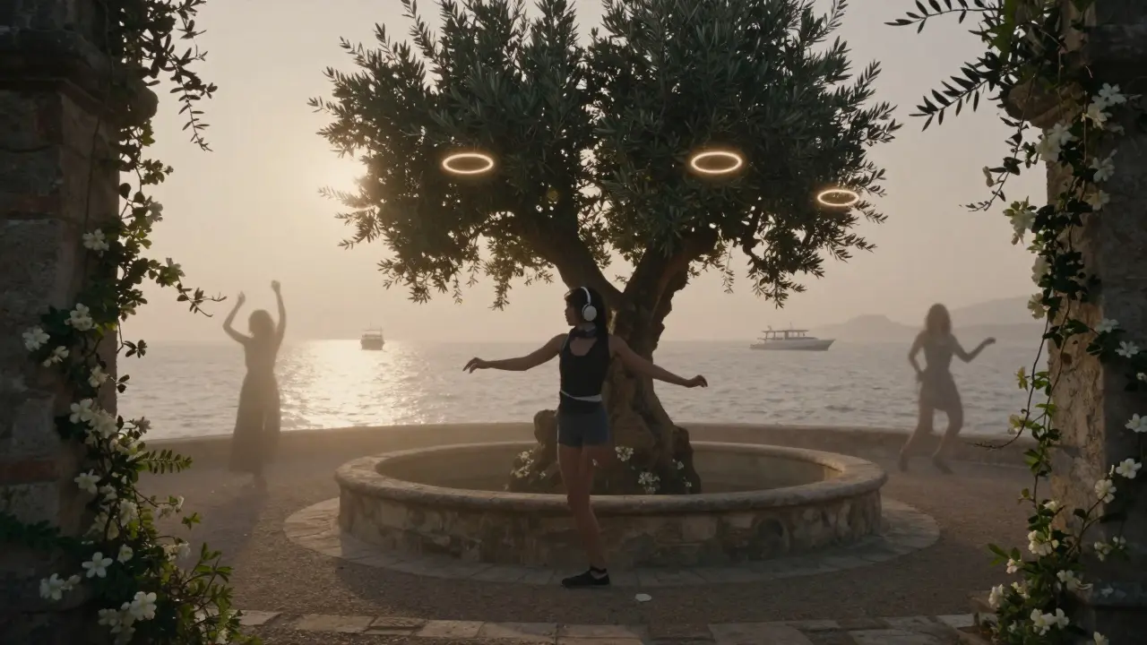 Silent disco on a rooftop garden at dawn, one person dancing with headphones under olive trees and glowing sea.