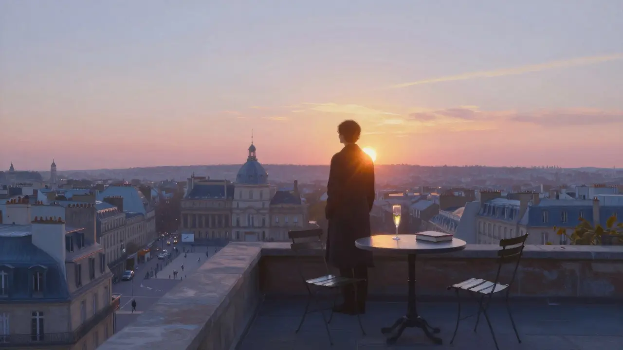 Sunrise over Place des Vosges from a rooftop terrace with champagne and an empty chair.