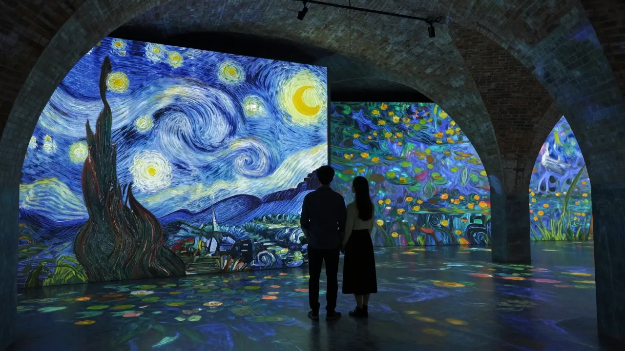 Two people immersed in colorful digital art projections at Atelier des Lumières.