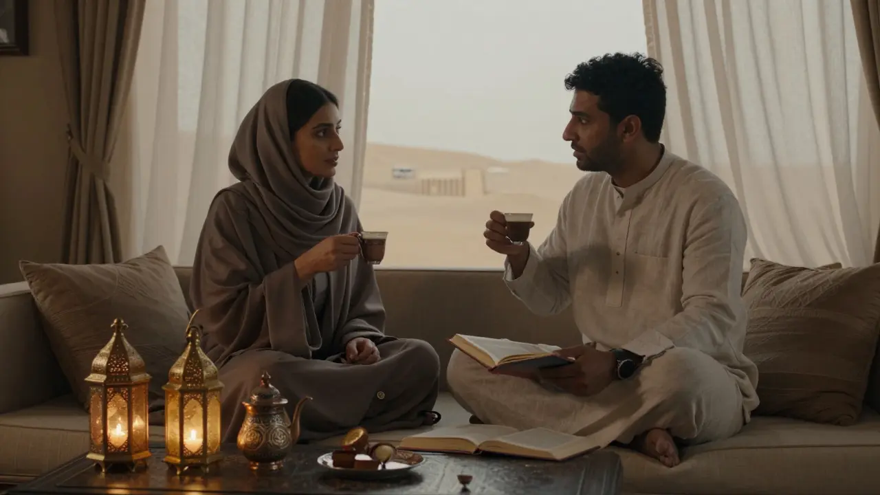 Two people sharing Arabic coffee in a private villa with traditional decor.