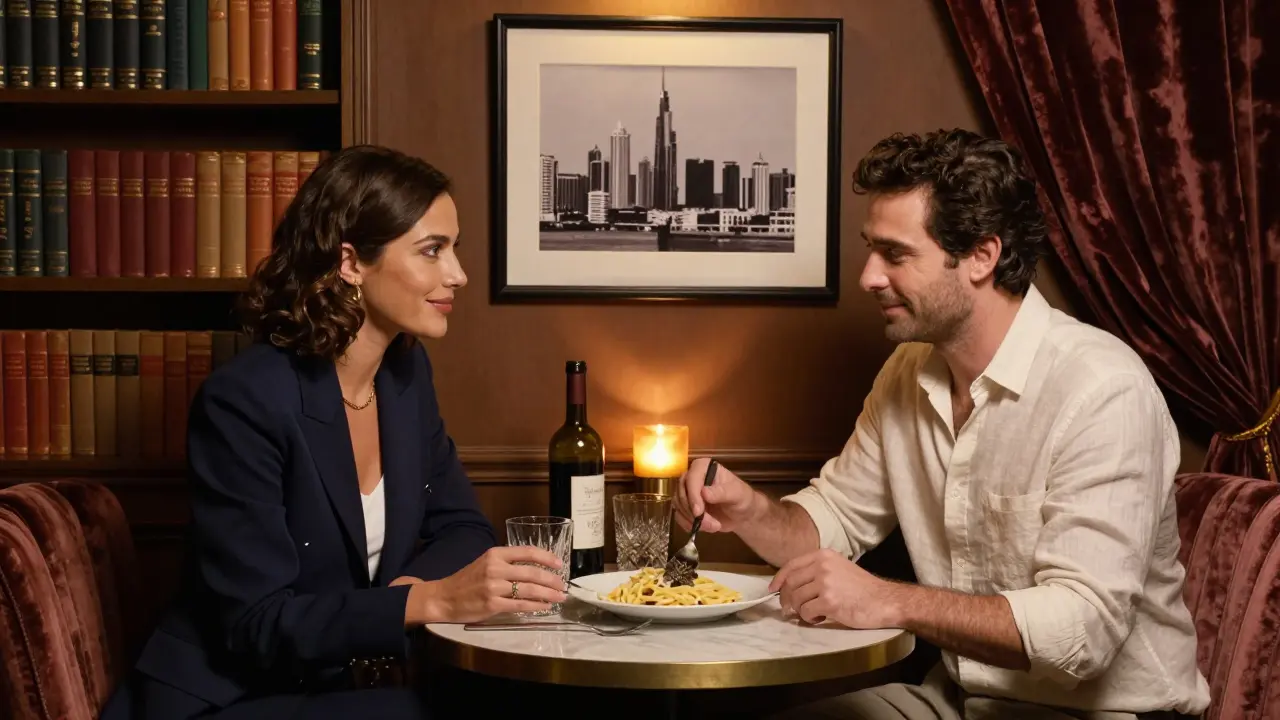 Two people sharing dinner in a hidden speakeasy in Jumeirah, illuminated by candlelight and vintage decor.