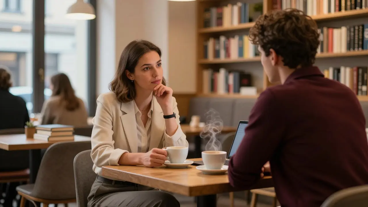 Two people sit in a cozy Berlin café, sharing coffee and conversation with mutual respect and calm demeanor.