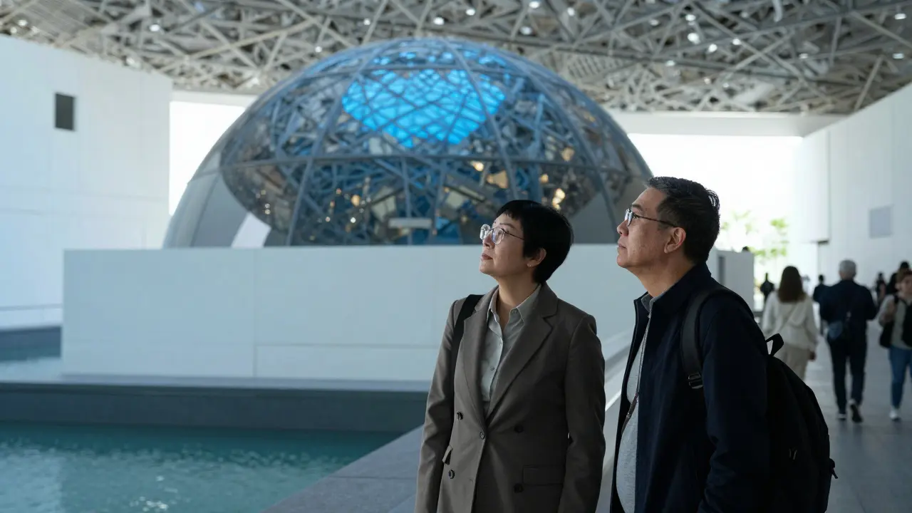 Two people standing together in awe before an art installation in Louvre Abu Dhabi, bathed in soft blue light.