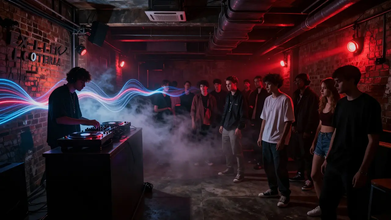 Underground club with exposed brick, fog, and red lighting as people dance to deep bass.