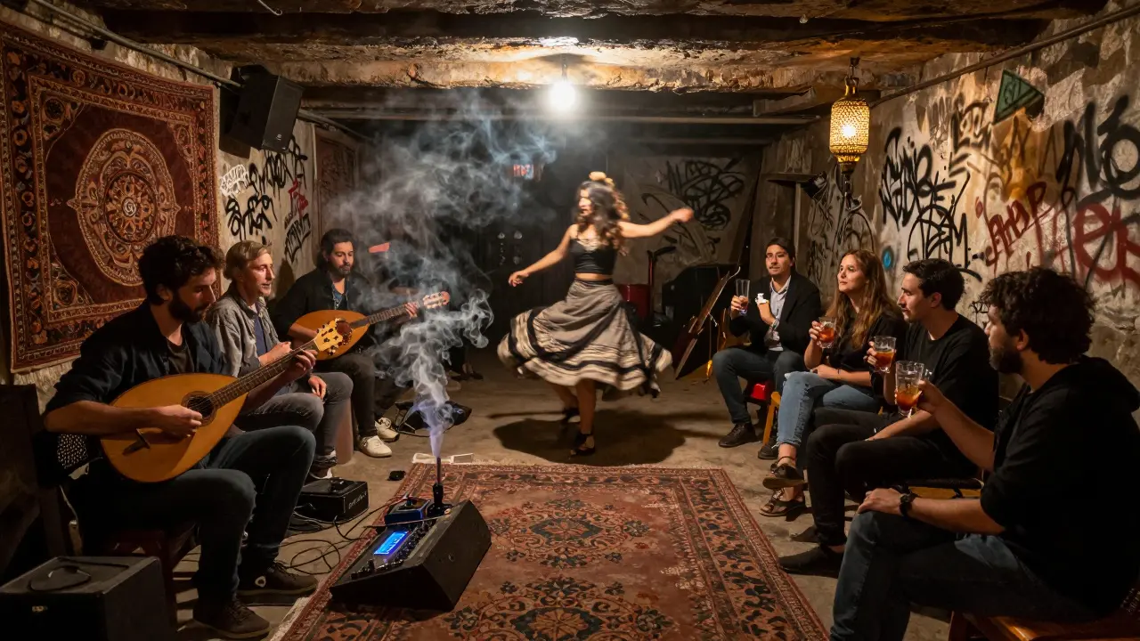Underground music venue in Cihangir with musicians playing traditional and electronic instruments together.